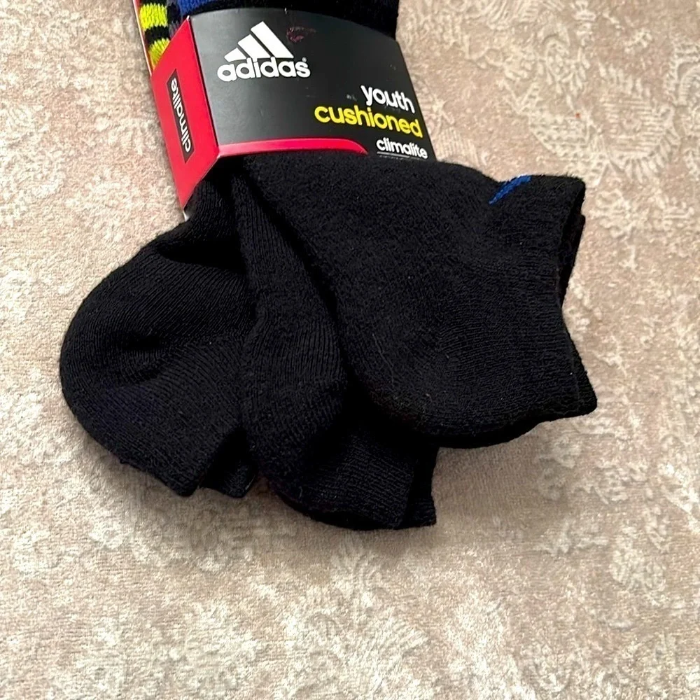 Brand New Adidas 3-Pack Youth Cushioned Climalite No Show Black Socks